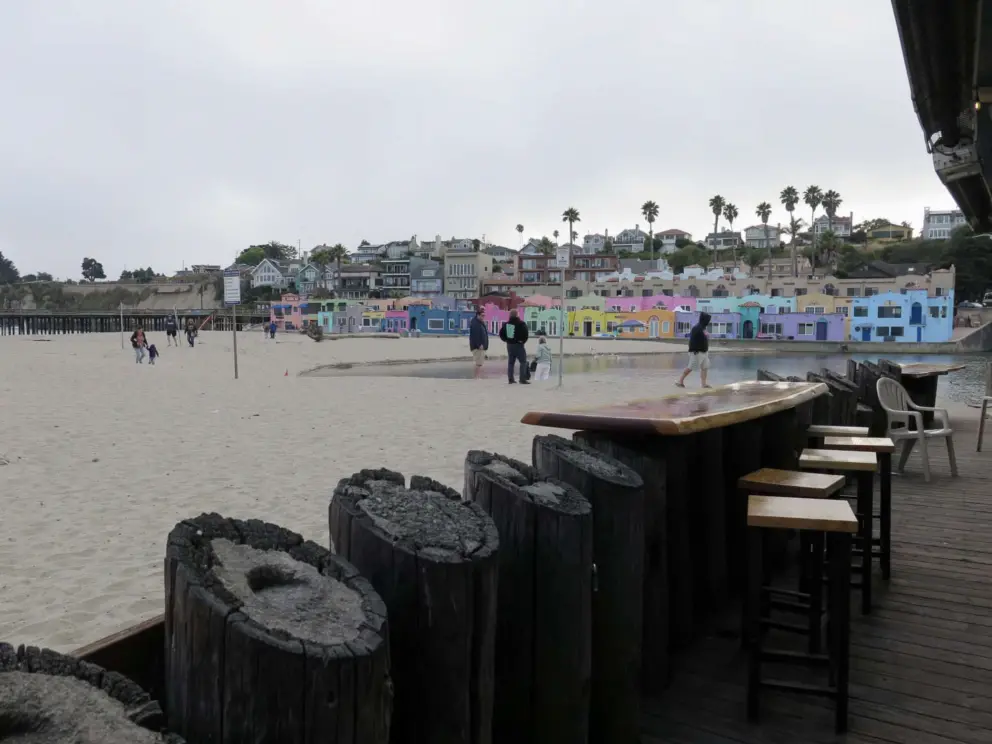 Some barstools at Zelda's on the Beach, with the Venetian houses in view. 