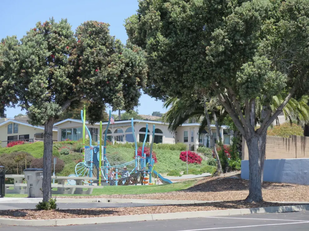The playground has wonderful trees in the parking lot. 