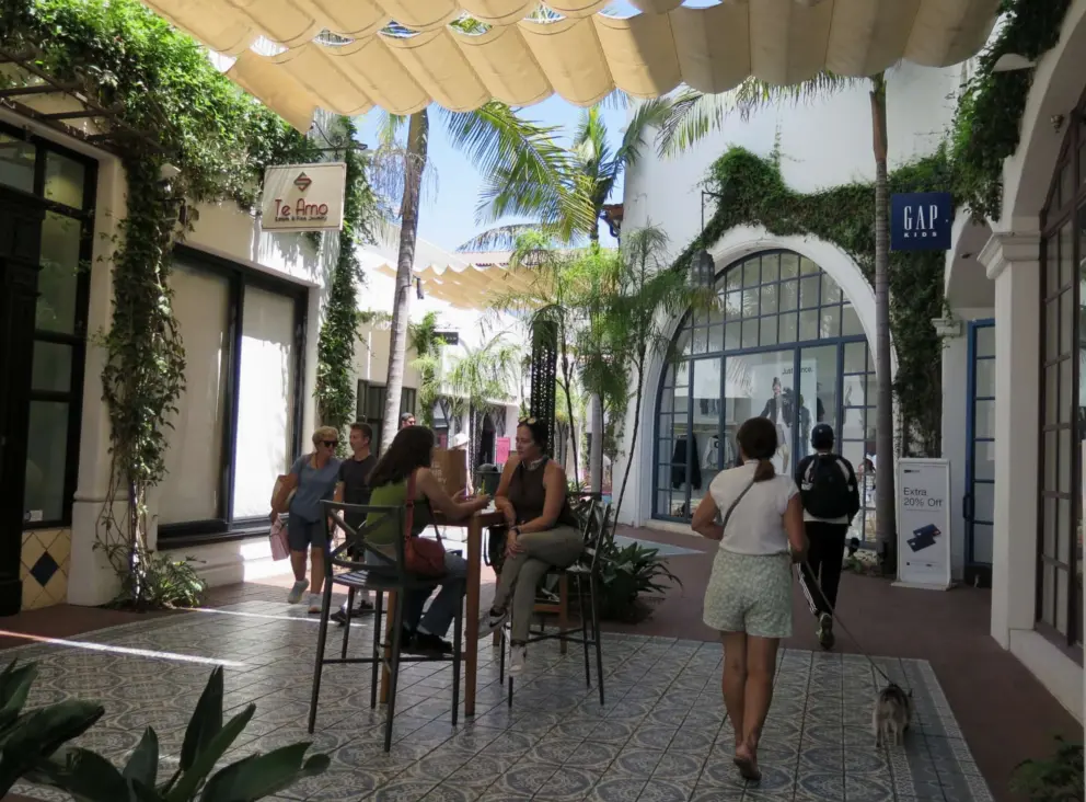 Tiled floor and shade, in the walkways. 