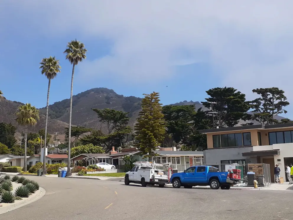 The neighborhood is colorful, with palm trees and views of the mountains.
