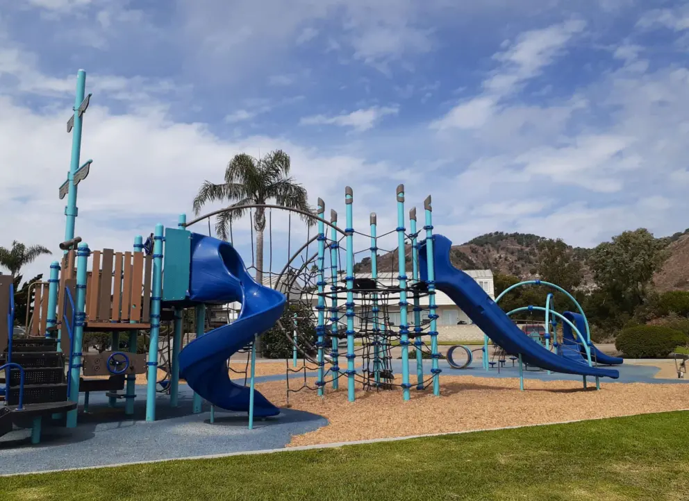 Twisty slide, climbies, and double slide. 