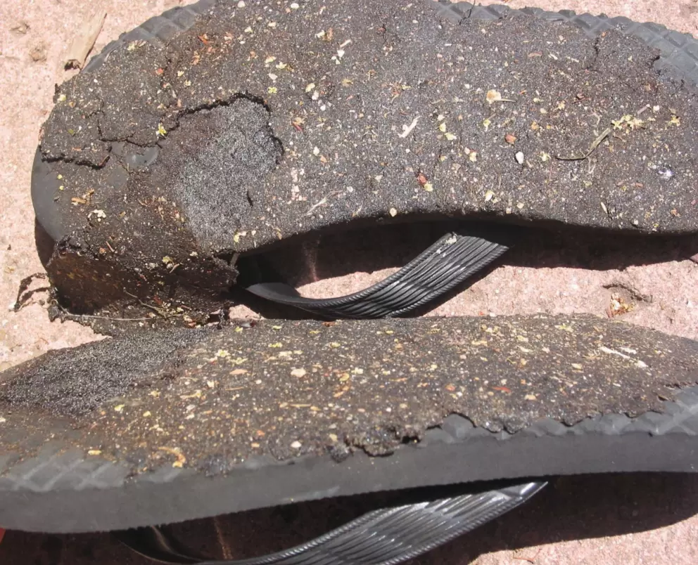 The tar on my slippers after a short walk on the beach!