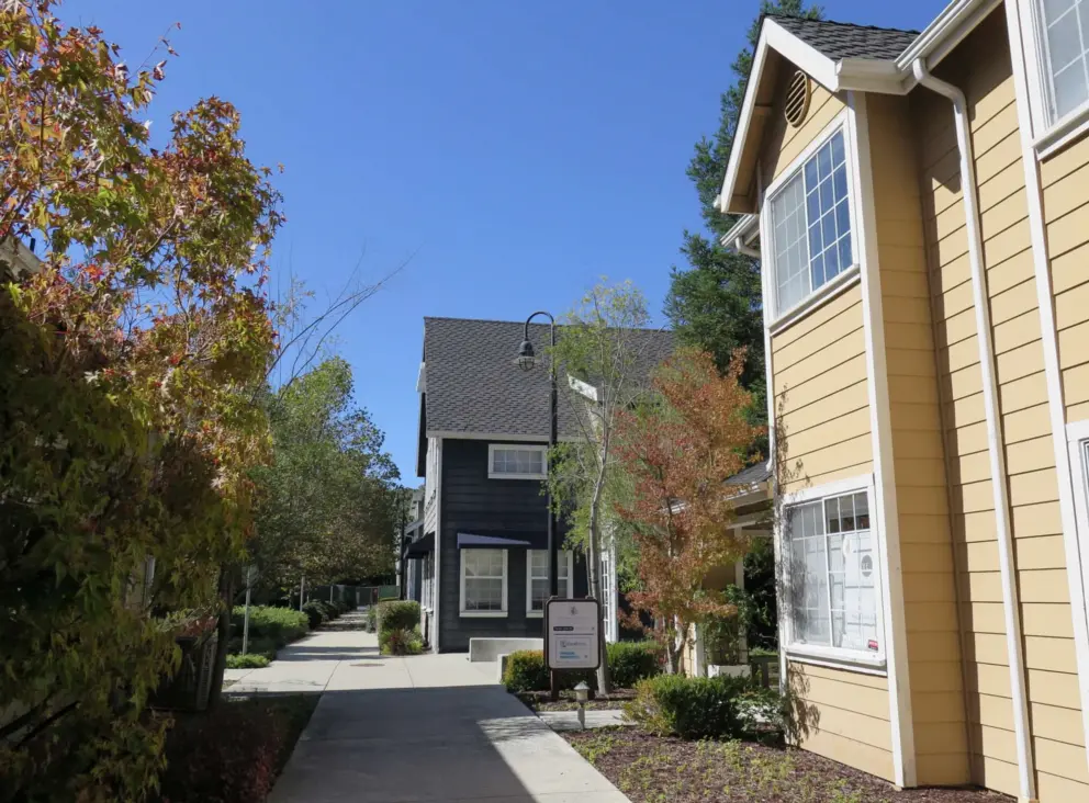 I like the yellow and maroon buildings at Avila Village. 