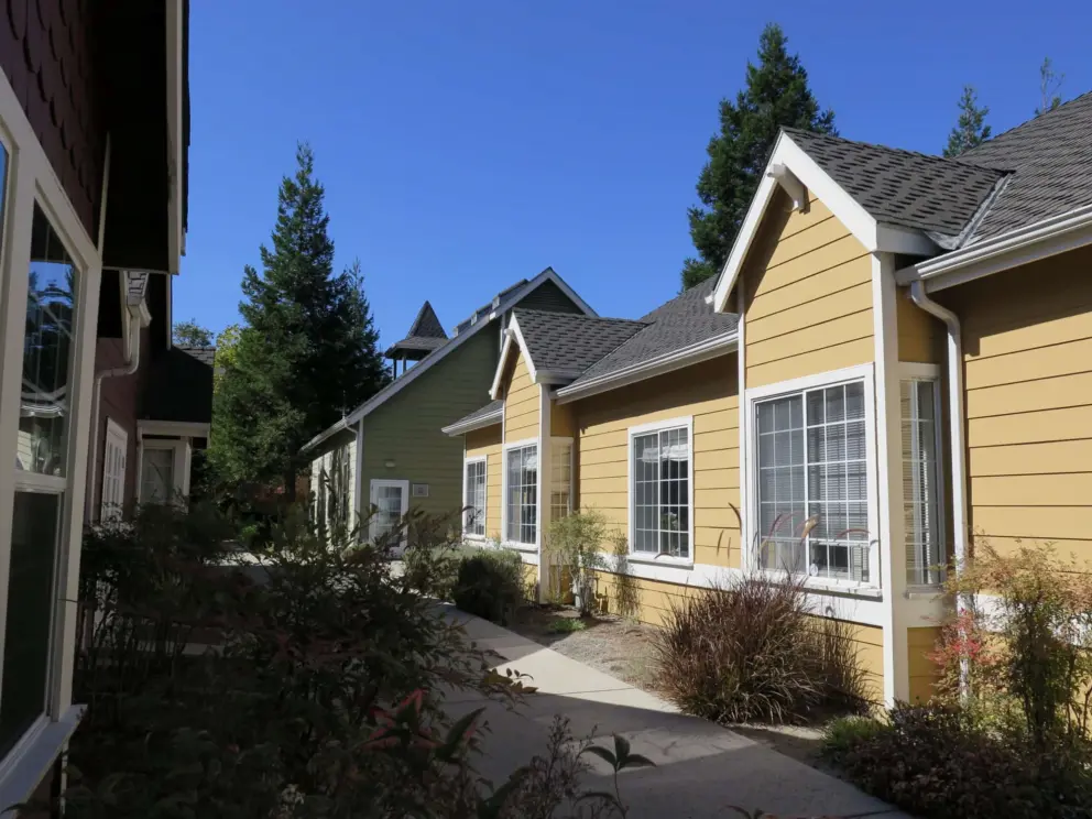 Yellow building, khaki White Heron Sangha Hall, and redwood trees, at Avila Village, along the trail. 
