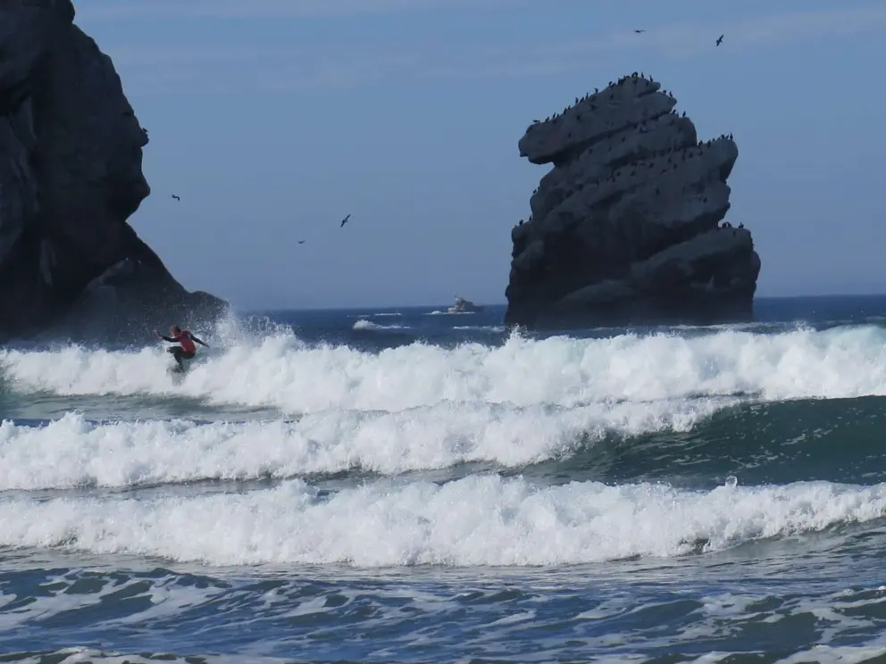Catching a wave with a rock stack behind. 