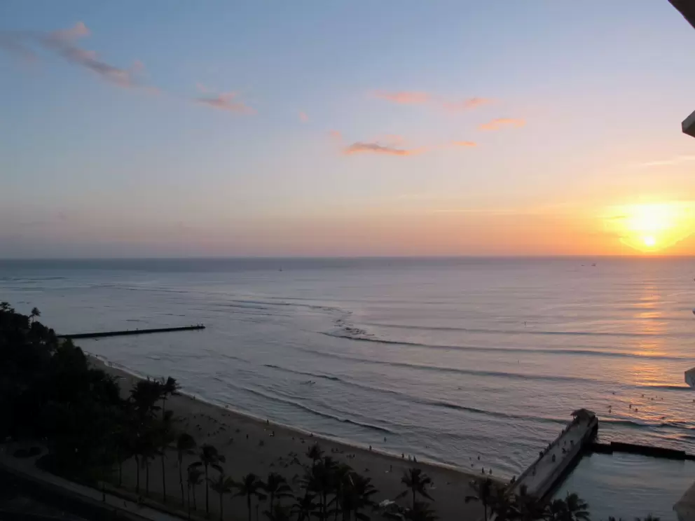 The part of Waikiki Beach called Kuhio Beach lies between two jetties. At sunset it is delicious!