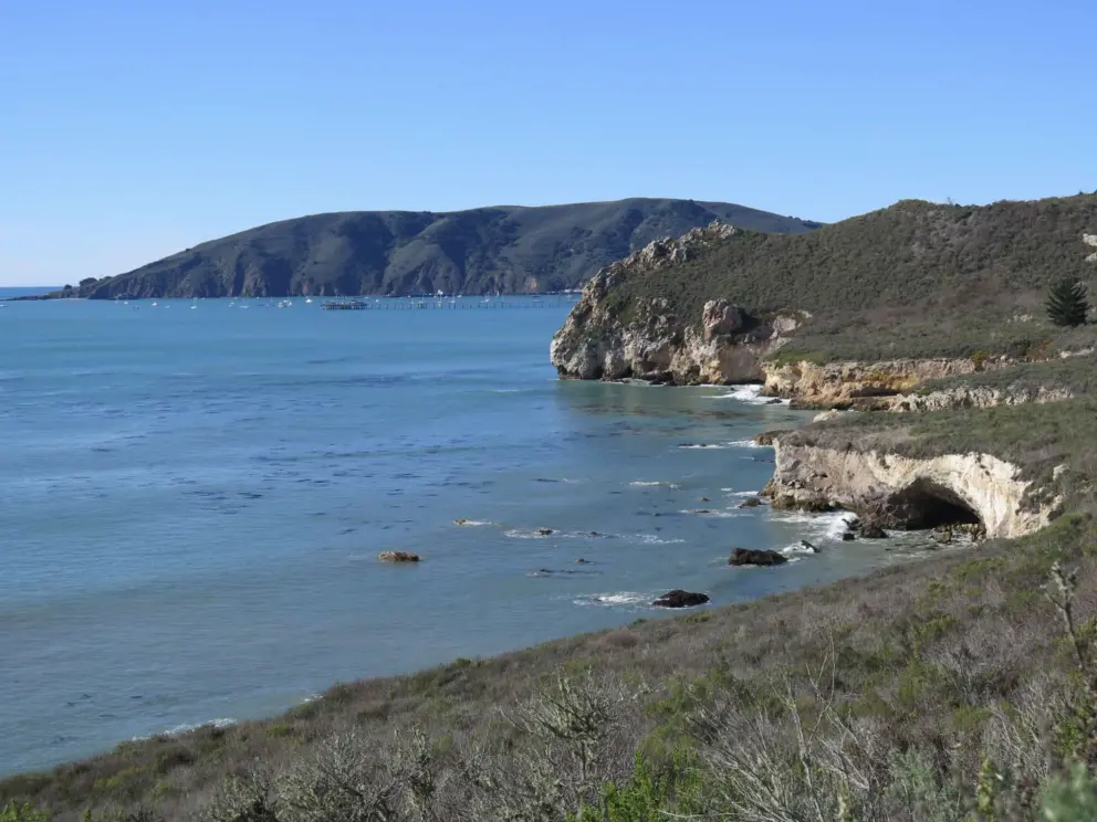 View from the cave, of yellow cliffs and the harbor at Avila. 