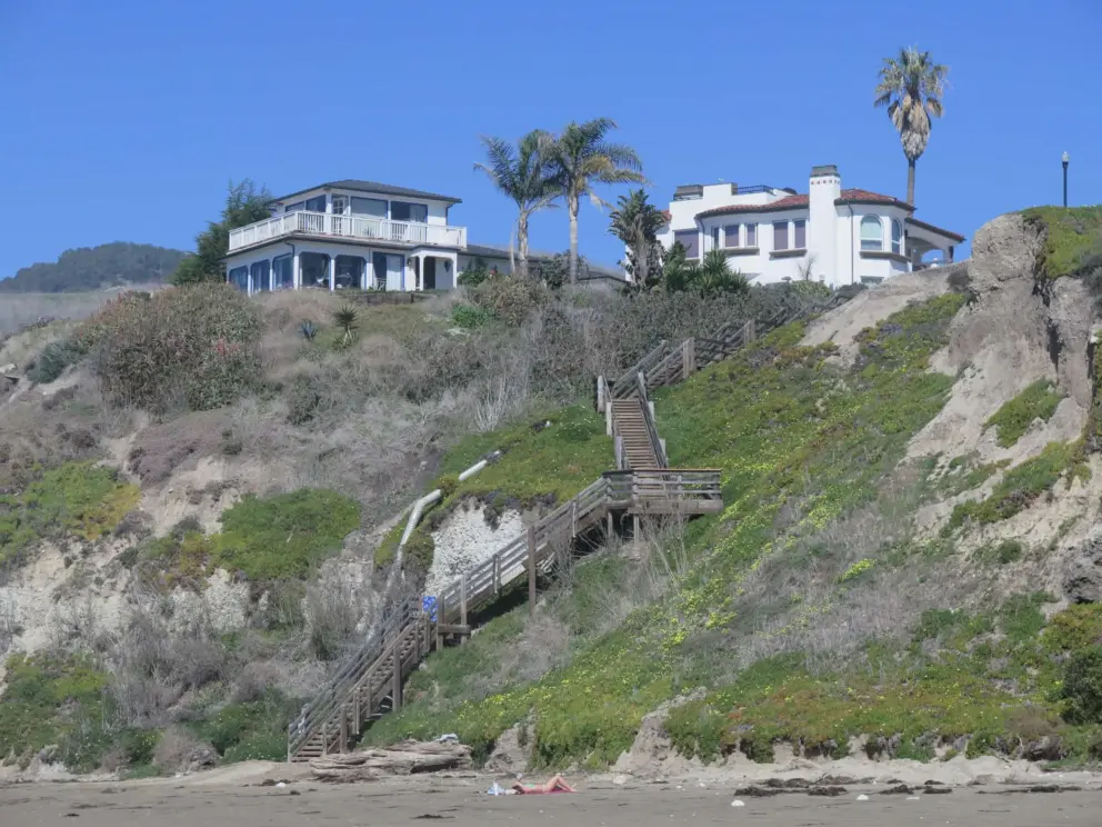 You can walk to the north end of the beach and see flowers and beach houses on the cliffs. 