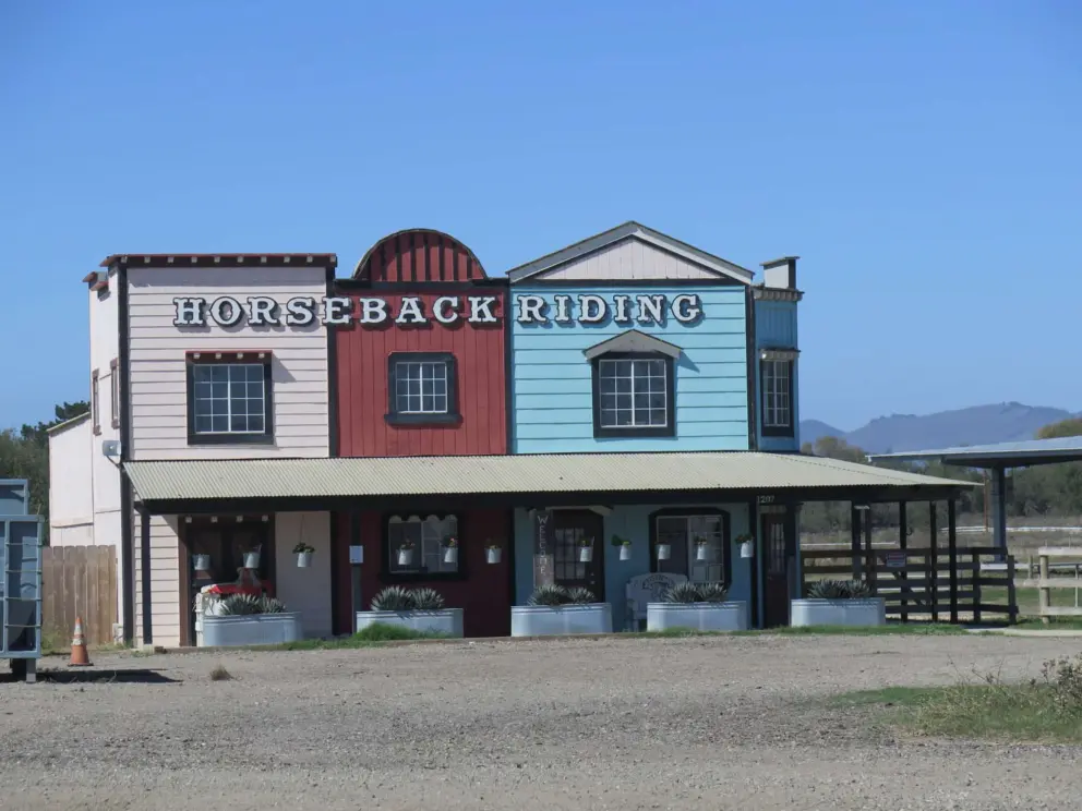 Horseback Riding building, like a movie set. 