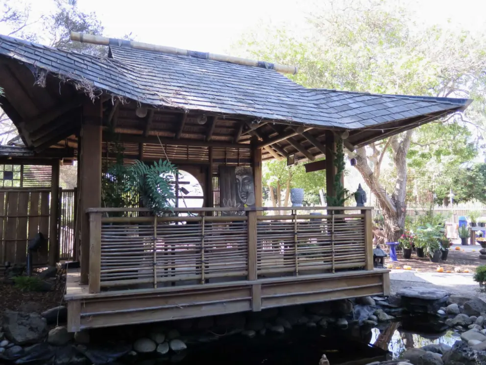 Japanese gazebo over water. 