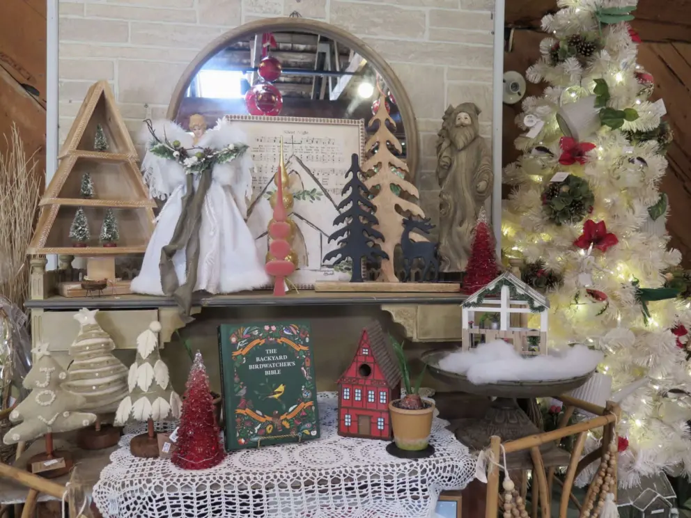 Book, mini house, and tree decorations. 