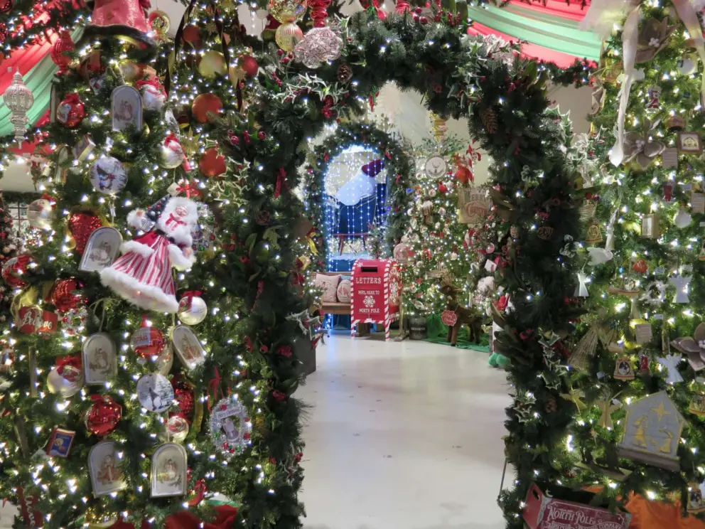 Archway of decorations and lights. 
