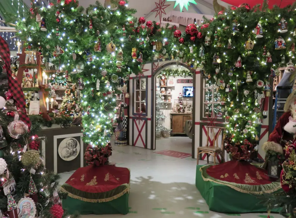 Barn archway and Christmas decorations. 
