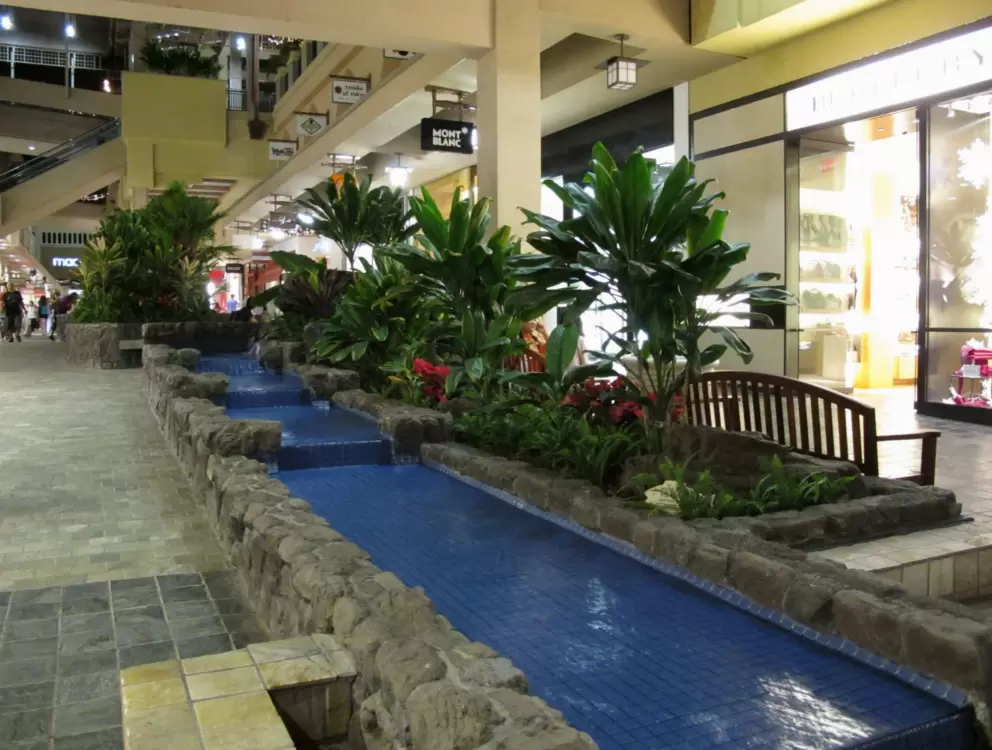 The blue step-like fountain on the second level.
