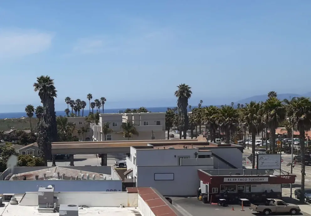 The West End area, palm-lined Grand Avenue, and the ocean beyond. 