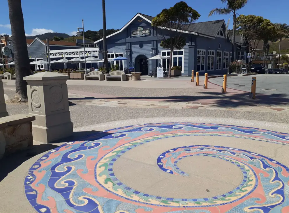 Wave tile mosaic and Custom House Restaurant. 