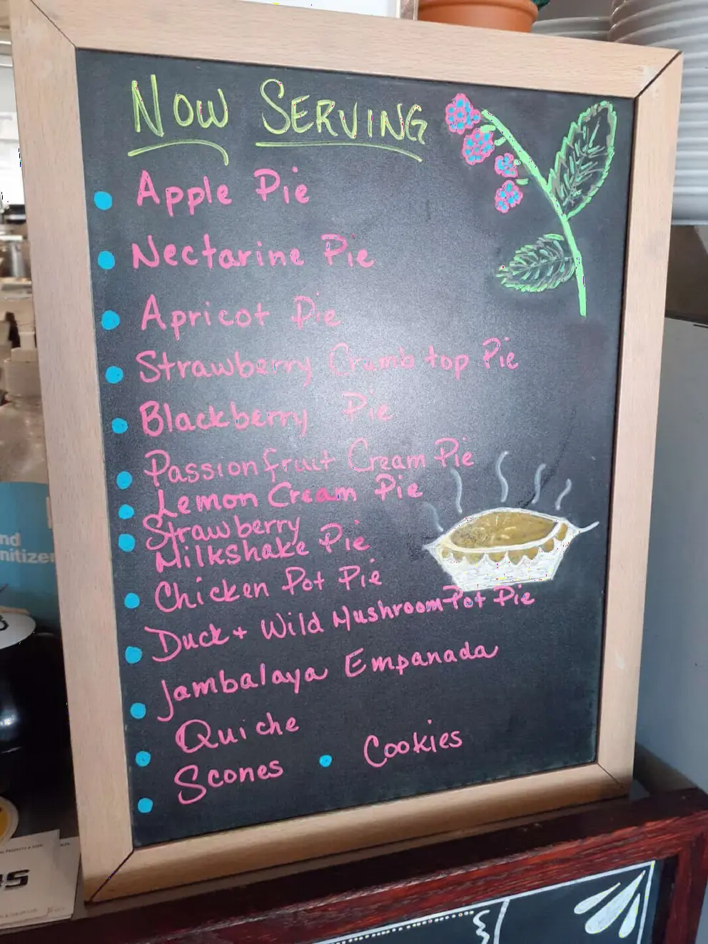 Apple pie, nectarine pie, apricot pie, strawberry crumb top pie, blackberry pie....delicious choices at Bramble Pie Co. 