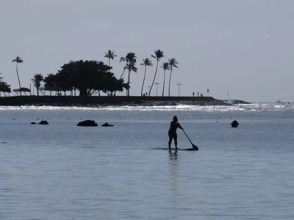 Stand up paddler with Magic Island peninsula behind.