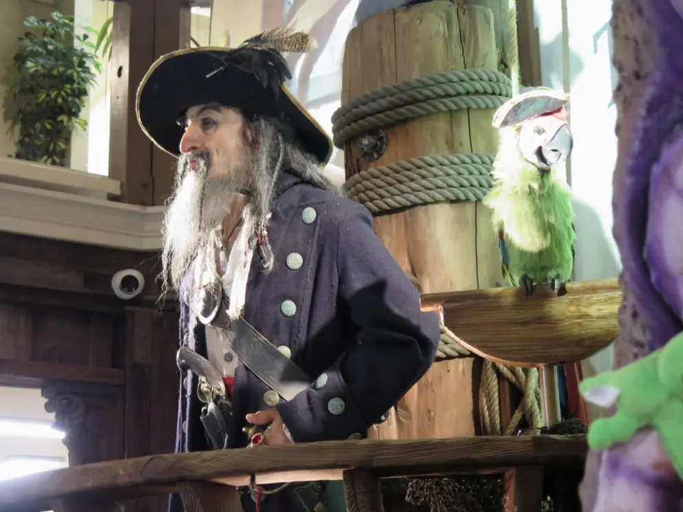 Pirate and his parrot, at the top of the stairs. 