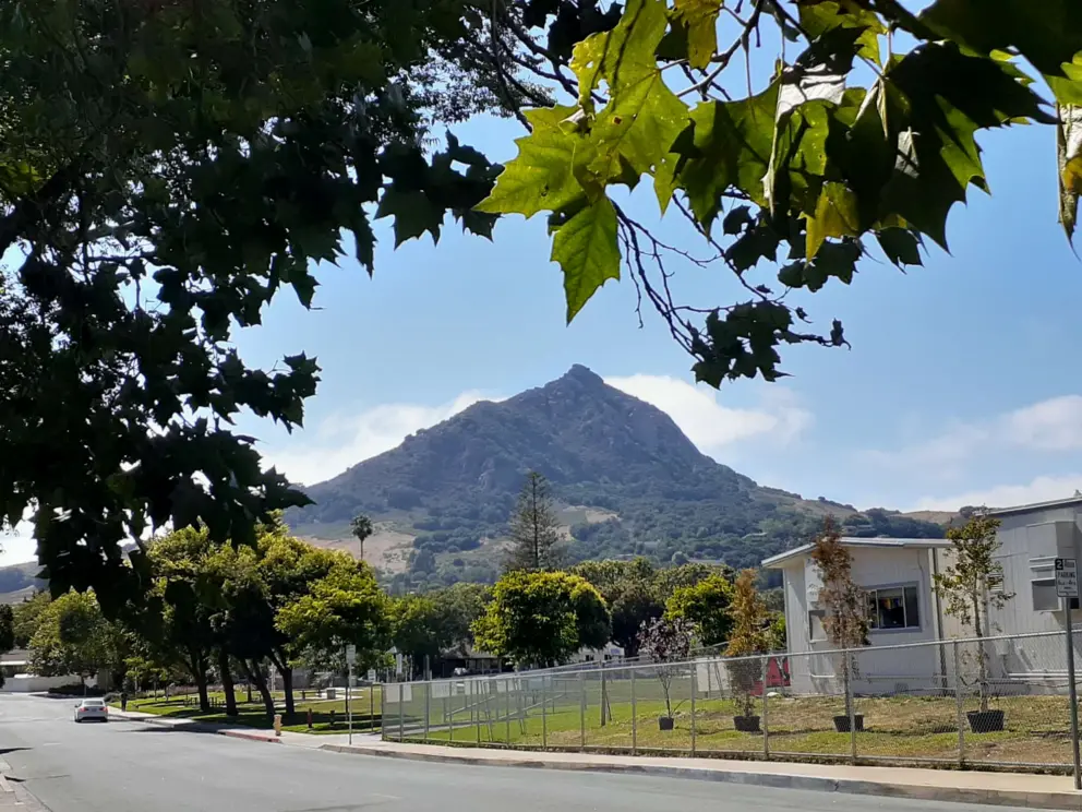 View of Bishop Peak from Cerro Romauldo Ave, near Throop Park. 