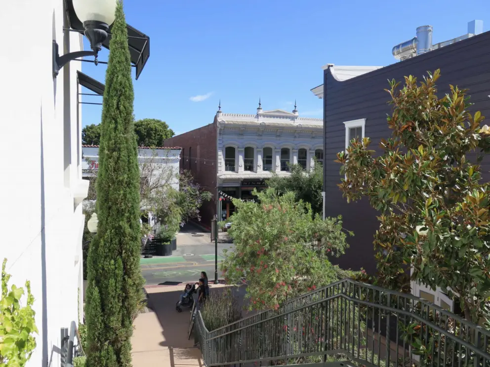 The stairs that lead from Monterey Street to Hotel SLO, Piadina Restaurant, and High Bar. 