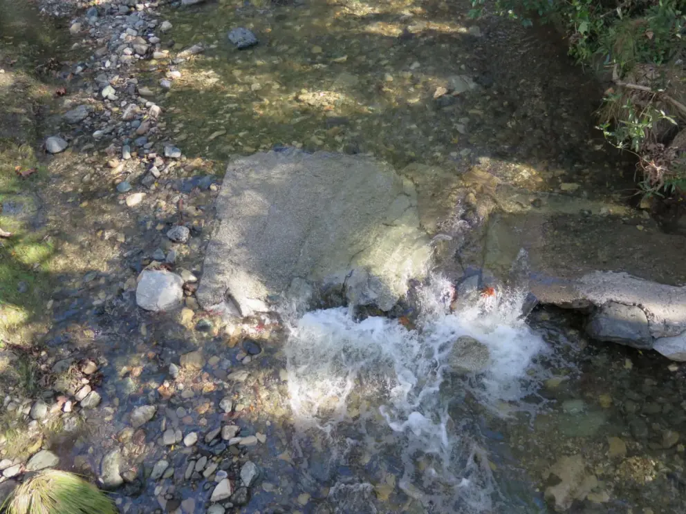 Water gushing over a rock. 