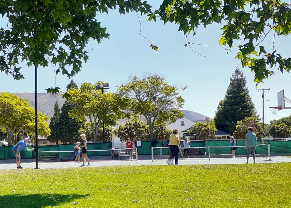 Pickleball on the basketball court at Meadow Park on a Friday morning. 
