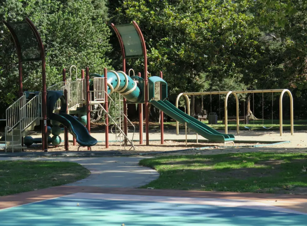 The playground, with swings and baby swings behind. 