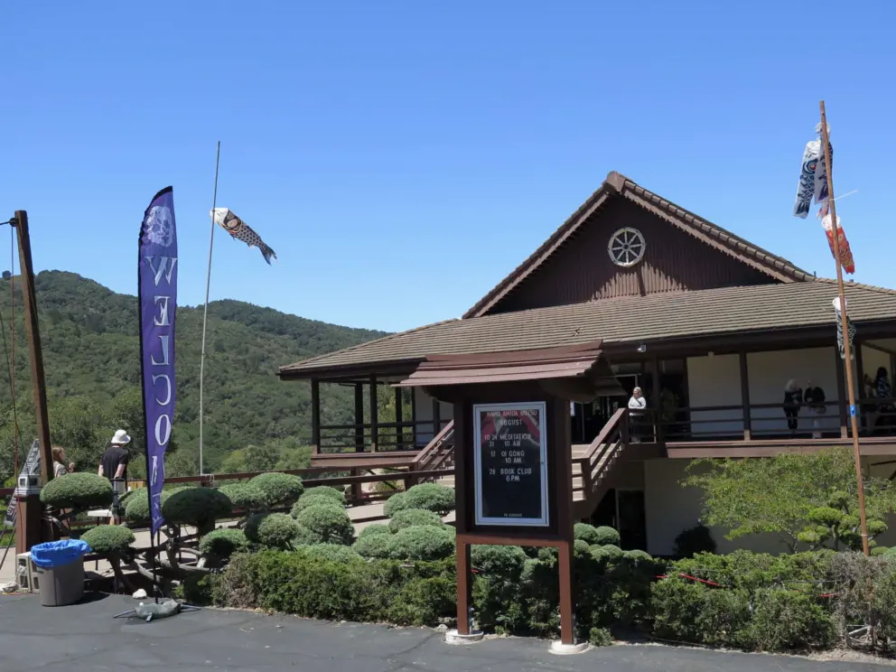 SLO Buddhist Temple, with views of the valley. Its driveway is at the beginning of the Bob Jones Trail.