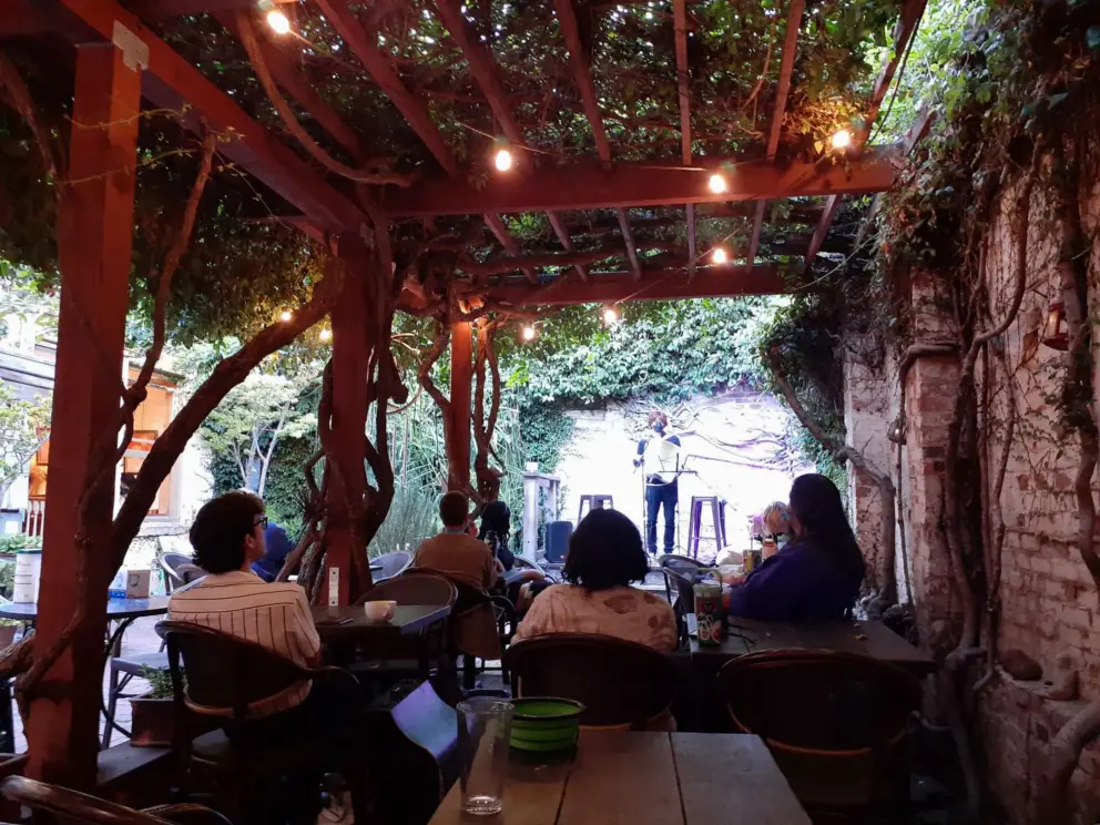 Open mic night in the back garden at Linnaea's Cafe. 