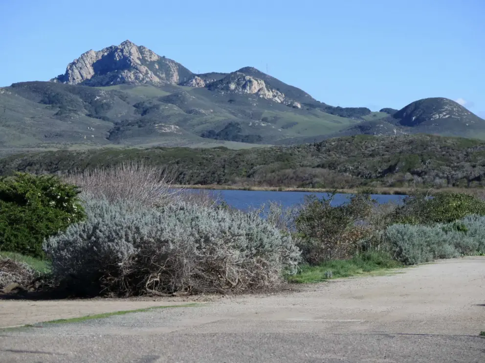 The volcanic peaks, as seen from the beginning of the dirt road on Santa Lucia Ave. Follow this road to the covered deck. 
