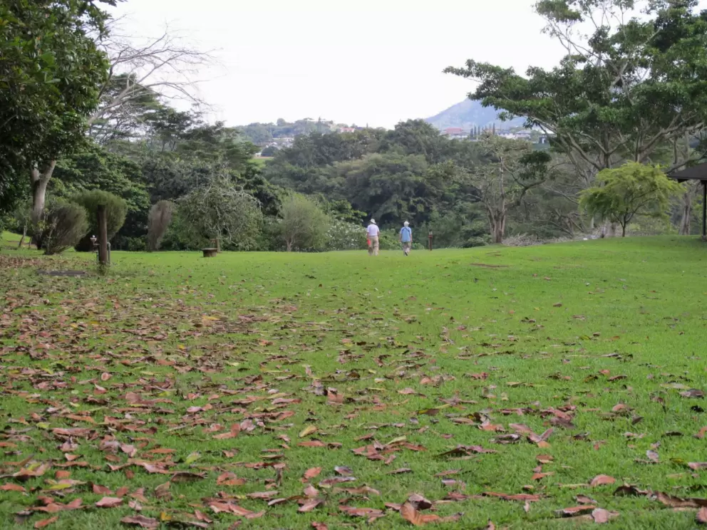 Two visitors walk down to the lake.