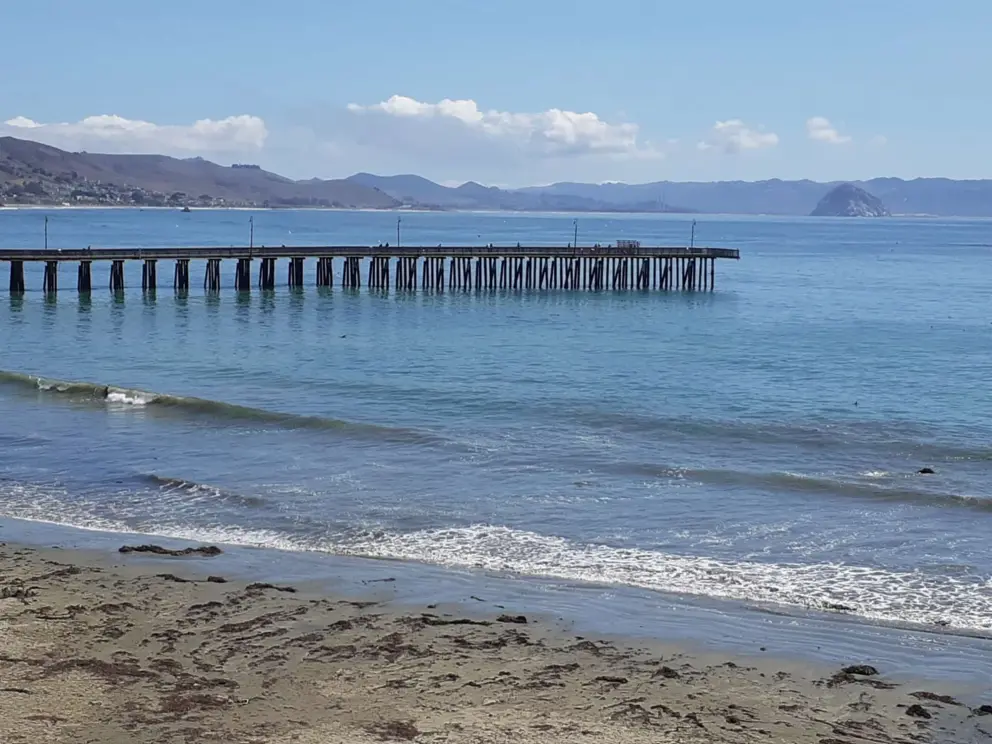 View of Cayucos Pier and Morro Rock, from beside Cayucos Beach Condos. 