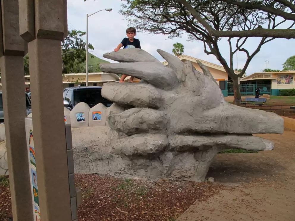 A boy climbs the sea monster.