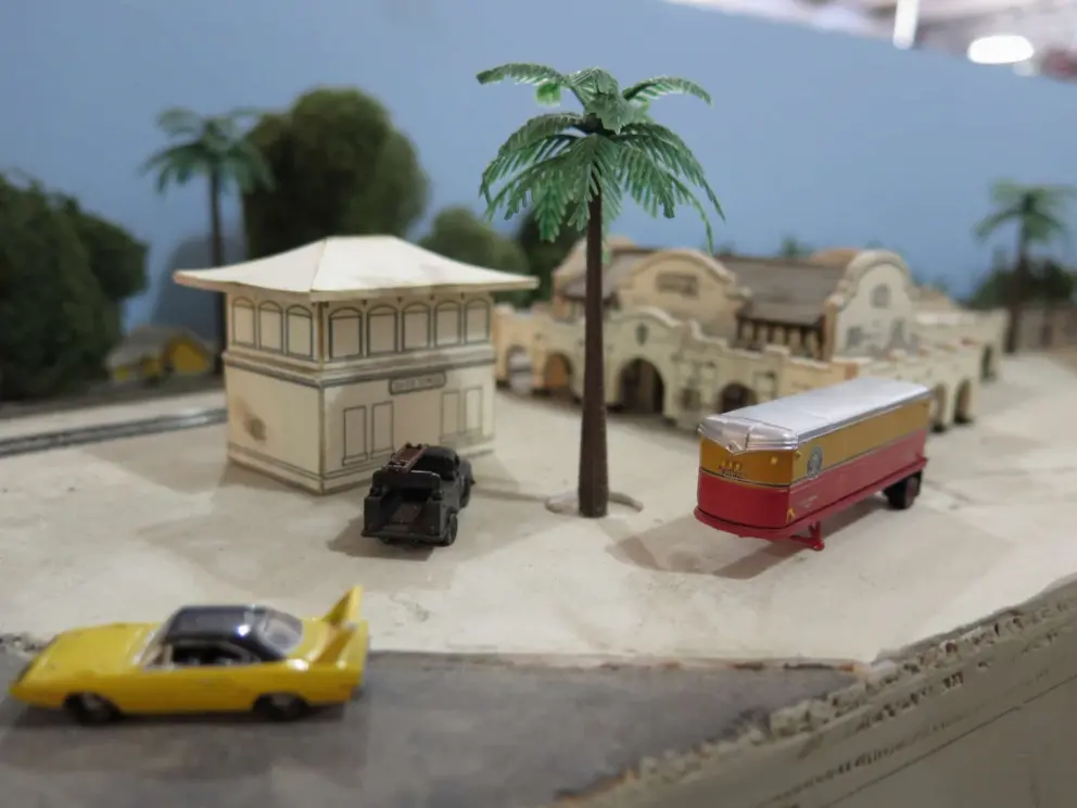 Railway station scene with tower, in the model railroad, on display in April and October. 