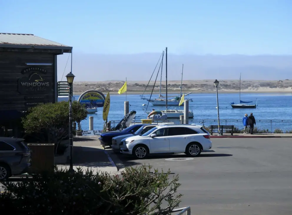 A couple walks along the walkway near restaurants and a boat ramp. 