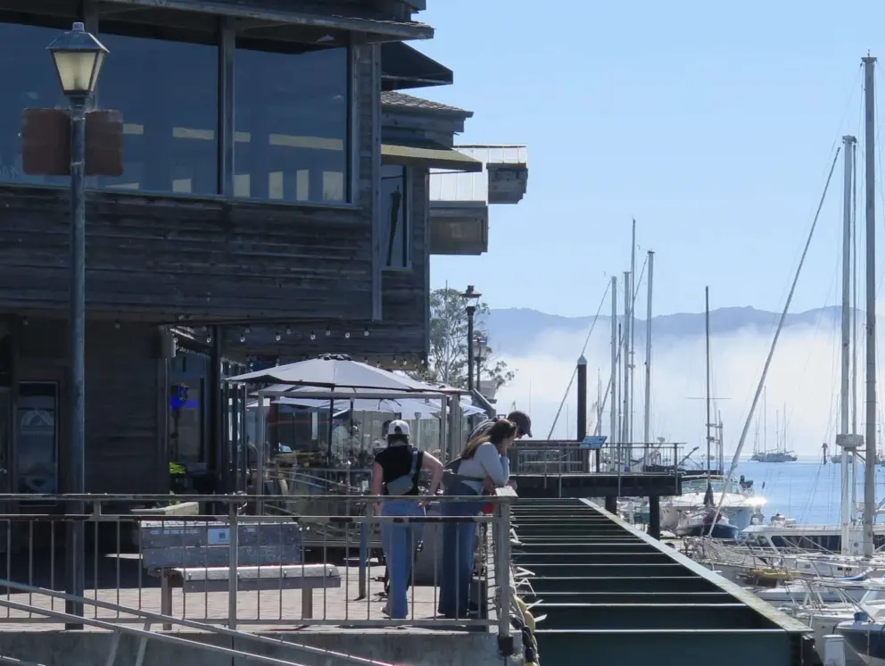 A couple stands at the walkway, looking down at the water, with fog in the distance.