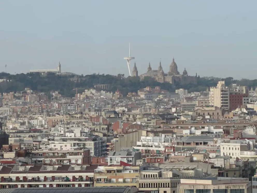 View of Montjuic Hill from Novotel Barcelona City's rooftop bar. 