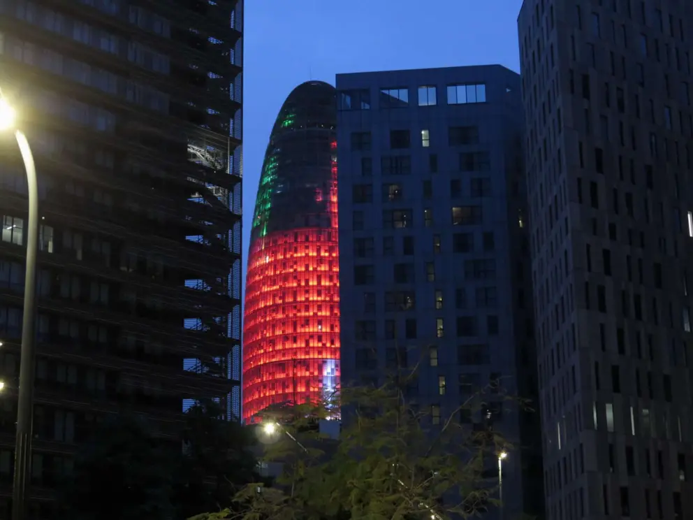 Glories Tower, amid hotel and office buildings. 