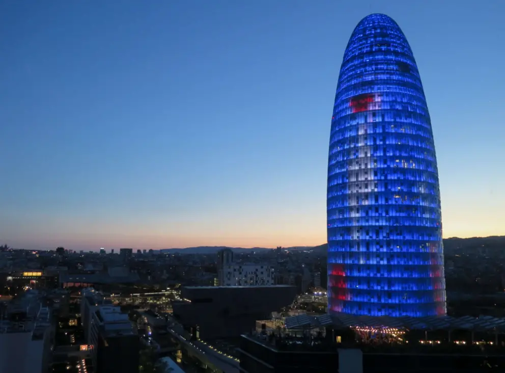 Glories Tower at sunset, as seen from Novotel Barcelona City.