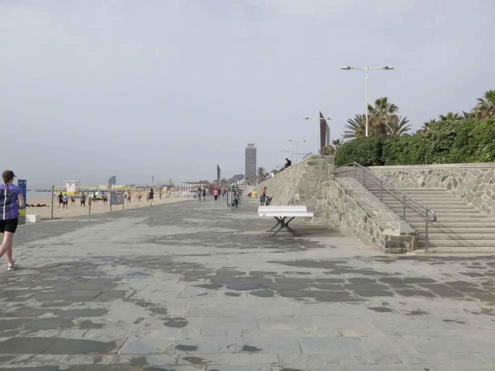 The beach boardwalk with stairs going up to the second level!