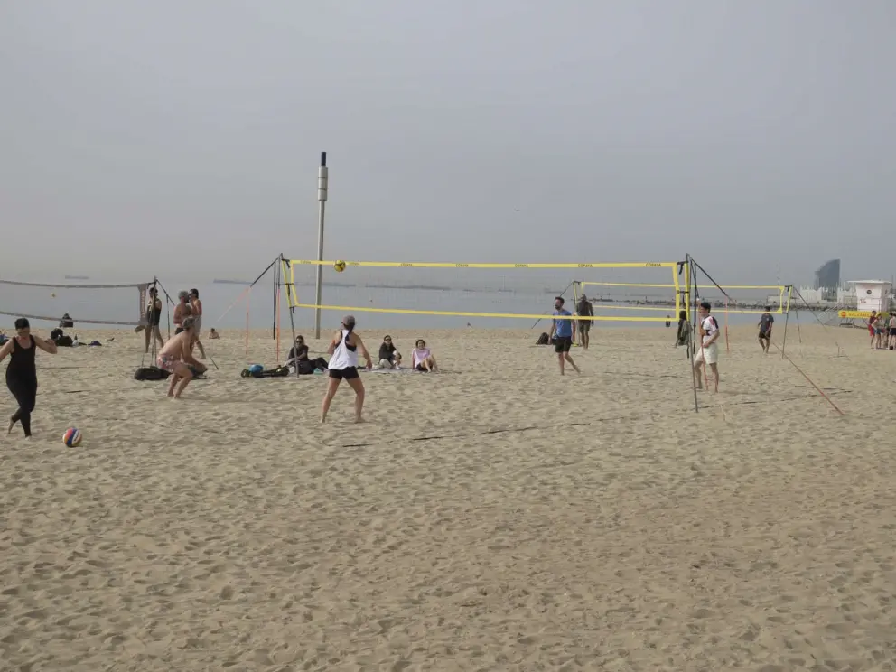 Beach volleyball at Bogatell Beach. 