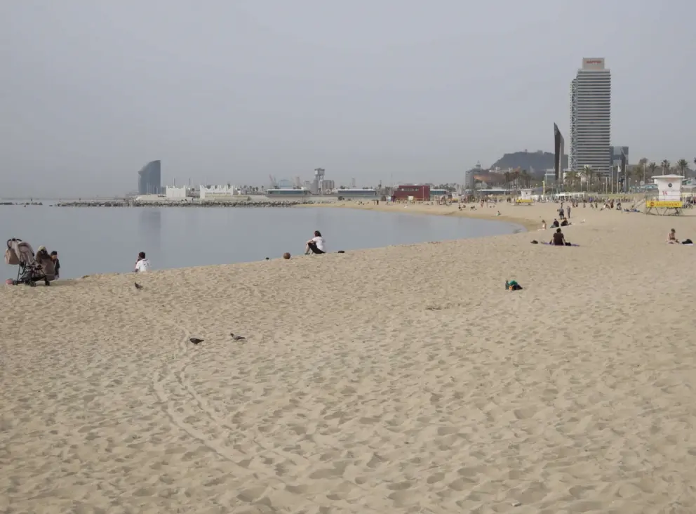 Bogatell Beach, with views of W Hotel all the way at Barceloneta Beach. 
