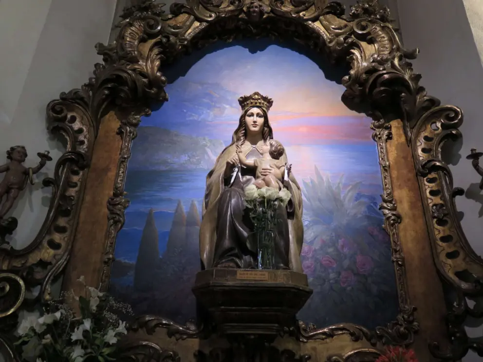 Mary and Jesus, with a painted background.