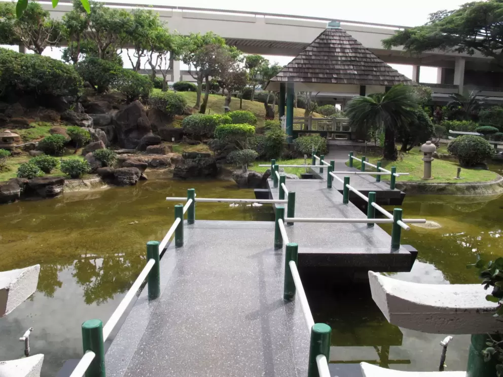 Zigzag bridge to the Japanese gazebo.