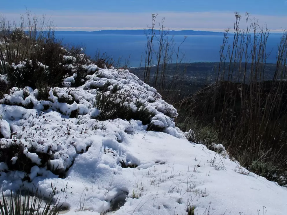 Snow and sea behind.