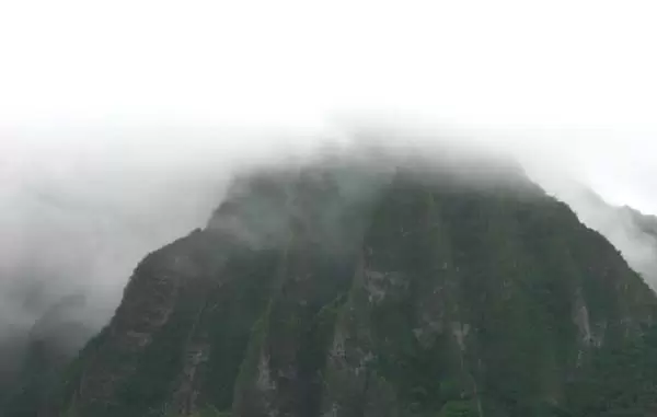 Misty peaks you see as you drive up the Windward Coast from Kailua to Chinaman's Hat.
