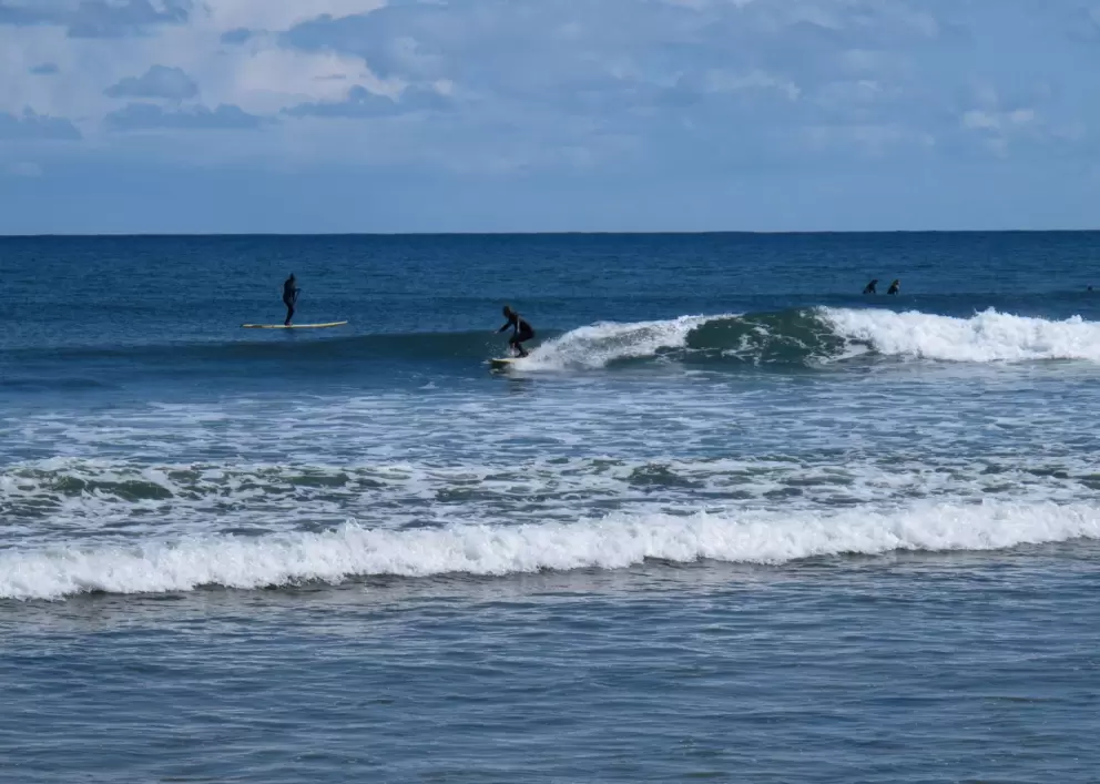 Stand up paddle guy and surfers.