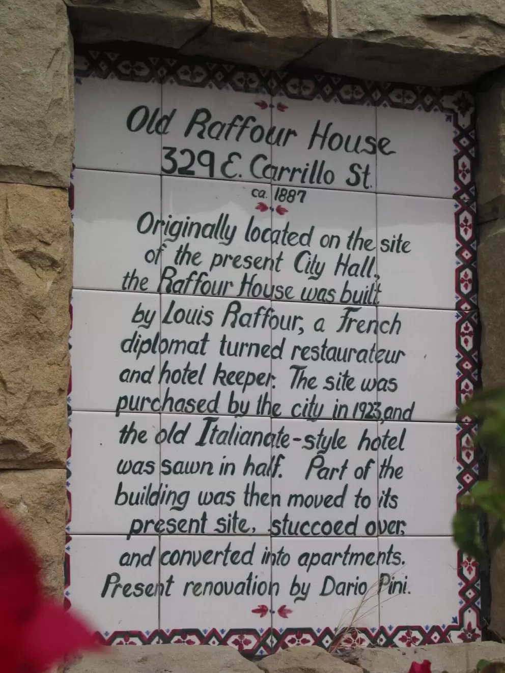 The plaque in front of the Raffour House.