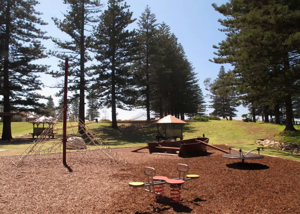 The beautiful trees and playground with spinner, see saw, rope climbey, and giant rowboat.